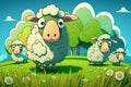 Sheeps grazing on a green summer meadow. Sheep graze on field. Sheep farm. Generative AI. Royalty Free Stock Photo