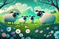 Sheeps grazing on a green summer meadow. Sheep graze on field. Sheep farm. Generative AI. Royalty Free Stock Photo