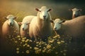 Sheeps grazing on a green summer meadow. Sheep graze on field. Sheep farm. Generative AI. Royalty Free Stock Photo