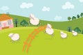 Sheeps jump on field. Count sheep jumping fence. Farm animal landscape, counting cartoon animals for sleeping. Funny