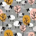 Sheeps and trees, decorative cute backdrop. Colorful seamless pattern with animals, clouds