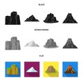 Sheer cliffs, a volcanic eruption, a mountain with a beach, a glacier. Different mountains set collection icons in black