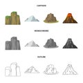 Sheer cliffs, a volcanic eruption, a mountain with a beach, a glacier. Different mountains set collection icons in