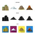 Sheer cliffs, a volcanic eruption, a mountain with a beach, a glacier. Different mountains set collection icons in