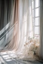 Sheer curtains filter light in a serene room with flowers. AI Generated