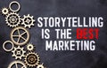 a sheet on a black background with text STORYTELLING IS THE BEST MARKETING . business concept