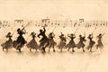 a sheet of classical music on old paper. where the notes have become the silhouettes of dancers, fantasy inspirations Royalty Free Stock Photo