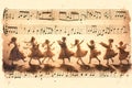 a sheet of classical music on old paper. where the notes have become the silhouettes of dancers, fantasy inspirations Royalty Free Stock Photo