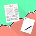Sheet with diagram and text on the background of a large graph. Background for an article about office, business or data Royalty Free Stock Photo
