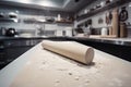 A sheet of dough sprinkled with flour and a rolling pin on the kitchen table of bakery, restaurant or pizzeria. Generative AI