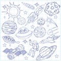 Sheet of exercise book with outer space doodles Royalty Free Stock Photo