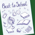 Sheet of graph paper with painted objects on the Green school blackboard Royalty Free Stock Photo