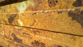 Sheet metal corrosion of old steel truck body. Rusty surface. Imperfection rust background. Damaged texture. Protection and painti Royalty Free Stock Photo
