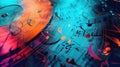 Sheet music adorned with colorful music notes, creating a vibrant musical background. Ai Generated