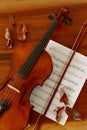 Sheet music and violin on wooden table. Top view classical musical instrument.