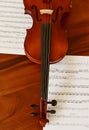 Sheet music and violin on wooden table. Top view classical musical instrument. copy spaces
