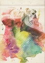 A sheet of notebook stained with multicolored watercolors. Grunge artistic color background for creative design. Abstract watercol