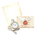 Sheet of old parchment handwritten paper, envelop, pocket watch and key. Hand drawn watercolor illustration template of Royalty Free Stock Photo