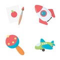 A sheet of paper with an apple pattern, a paint brush, a flying rocket with a porthole, a rattle for a child, an