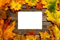 A sheet of paper in the center of a wooden table with autumn oak and maple leaves at the edges Royalty Free Stock Photo