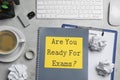 Sheet of paper with question Are You Ready For Exams? on grey table, flat lay Royalty Free Stock Photo