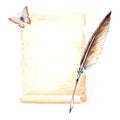 Sheet of parchment paper with elegant feather pen and butterfly. Vintage writing supplies. Template retro watercolor Royalty Free Stock Photo