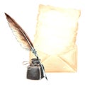 Sheet of parchment paper in envelop and inkwell with feather pen. Vintage writing supplies. Template retro illustration Royalty Free Stock Photo