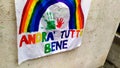 Sheet with rainbow and written in Italian ANDRA `TUTTO BENE, hymn to the resilience of the Italian quarantinates