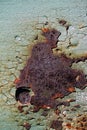 sheet of rusty metal with cracked and flaky paint, a metal surface with a bolt, abstract rusty metal texture with cracked green p Royalty Free Stock Photo