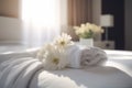 towel modern comfortable flower welcome window bath bed bedchamber spa. Generative AI.