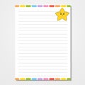 Sheet template for notebook, notepad, diary. Funny character. Isolated vector illustration. Cartoon style