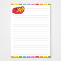 Sheet template for notebook, notepad, diary. Lined paper. Cute character candy box. With a color image. Isolated vector