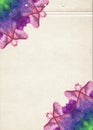 A sheet of vintage brown textured paper decorated with a pattern of symmetrical watercolor painted purple flowers. Fine grunge art Royalty Free Stock Photo