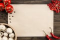 sheet vintage paper with tomatoes, mushrooms, Chile pepper on aged wooden background. Healthy vegetarian food. Recipe, menu, m Royalty Free Stock Photo