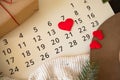 Sheet of wall calendar with red heart mark on 14 February - Valentines day Royalty Free Stock Photo