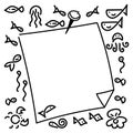 A sheet of writing paper attached by a button. Sea theme, doodle background. For your records. Royalty Free Stock Photo