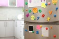 Sheets of paper, child`s drawing and magnets on refrigerator door in kitchen Royalty Free Stock Photo