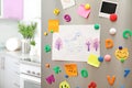 Sheets of paper, child`s drawing and magnets on refrigerator door in kitchen Royalty Free Stock Photo