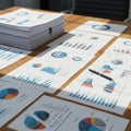 Sheets of paper with colorful graphs and charts are spread across a wooden table.