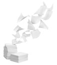 Sheets Of Paper Falling Onto Stacked Ones On White Background