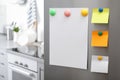 Sheets of paper with magnets on refrigerator door in kitchen