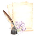 Sheets of papyrus paper, inkwell with feather pen and crocuses flowers bouquet. Vintage writing supplies. Template retro