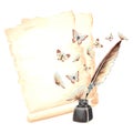 Sheets of papyrus paper, inkwell with feather pen and wild fluttering butterflies. Vintage writing supplies, old letter Royalty Free Stock Photo