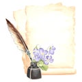 Sheets of papyrus paper, inkwell with feather pen and wild violets flowers bouquet. Vintage writing supplies. Template Royalty Free Stock Photo