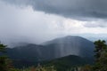 Sheets of rain falling thickly on a mountain vista obscuring parts of the distance, rainy weather event from a cloudburst