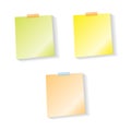 Yellow, orange and green post-it notes with shadow, pinned adhesive tape, ready for your use. Notice board element. Perfect for ba Royalty Free Stock Photo