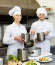 Shef and assistant preparing meal Royalty Free Stock Photo