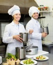 Shef and assistant preparing meal Royalty Free Stock Photo