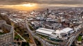 Aerial view of a Sheffield cityscape skyline at sunset from Park Hill estate Royalty Free Stock Photo