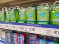 SHEFFIELD, UK - 20TH MARCH 2019: Nicorette freshmint gum for sale inside Tesco Supermarket in Sheffield